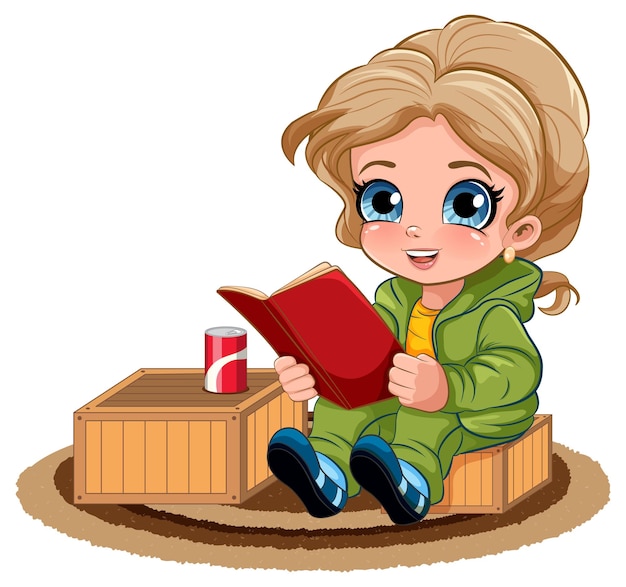 Free vector cute girl reading book cartoon character