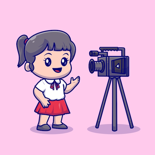 카메라 만화 벡터 아이콘 그림에 비디오를 녹화하는 귀여운 소녀. 사람들이 기술 절연