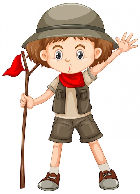 Free vector cute girl in safari outfit holding stick on white