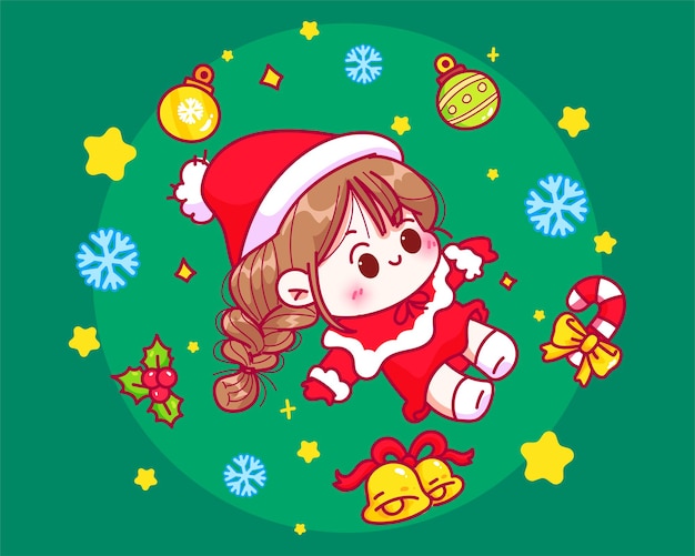 Cute girl santa and christmas element collection hand drawn cartoon art illustration