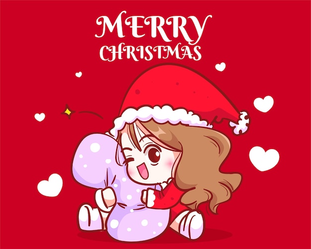 Cute girl santa hugging a pillow on christmas holiday celebration hand drawn cartoon art illustration