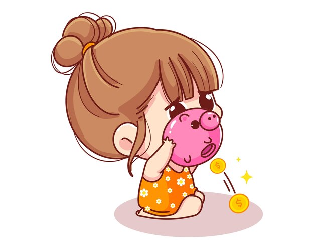 Cute girl shaking piggy bank full of money, kids savings and finance cartoon illustration