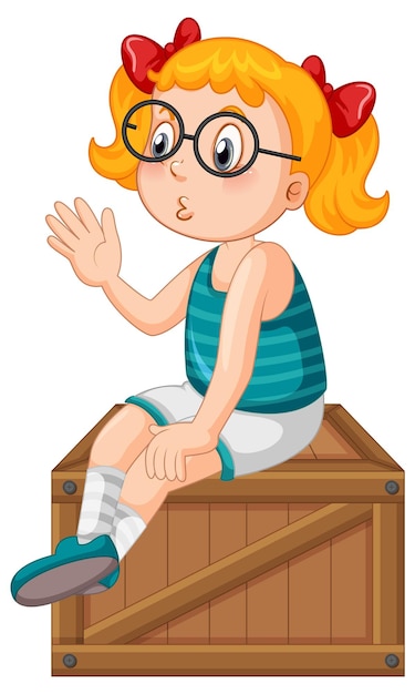 Free vector cute girl sitting on wooden box