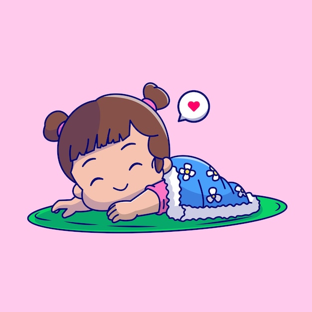 Cute girl sleeping with blanket cartoon vector icon illustration. people holiday icon isolated