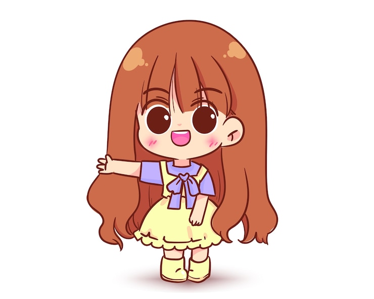 무료 Vector 귀여운 소녀 웃는 환영 자세 캐릭터 만화 로고 손으로 그린 예술 그림