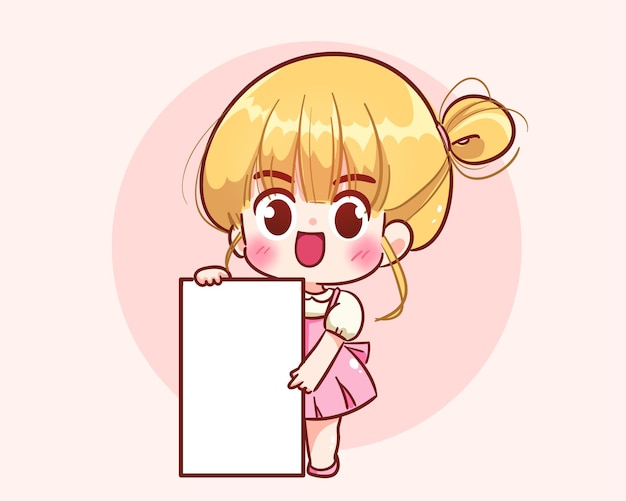 Cute girl standing holding empty sign banner hand drawn cartoon art illustration