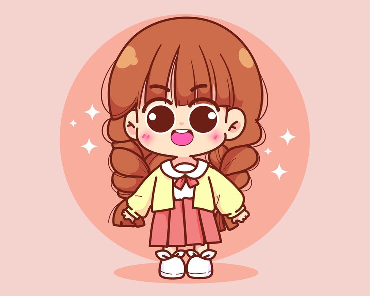 무료 Vector 귀여운 소녀 서 있고 웃는 캐릭터 만화 로고 손으로 그린 예술 그림
