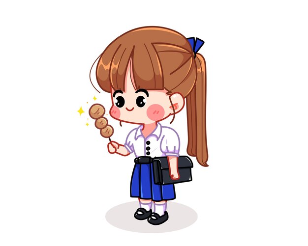 미트볼과 가방 교육 태국 학교 개념 만화 손으로 그린 만화 예술 그림을 들고 학생 제복을 입은 귀여운 소녀