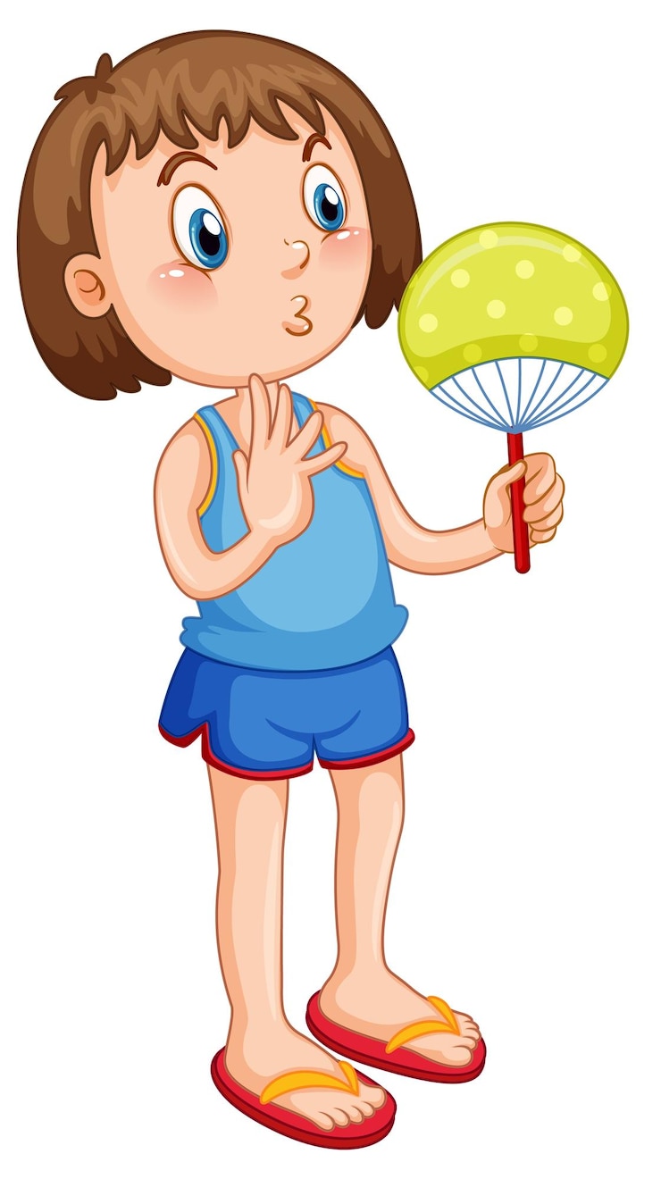 Free Vector cute girl in summer outfit holding hand fan