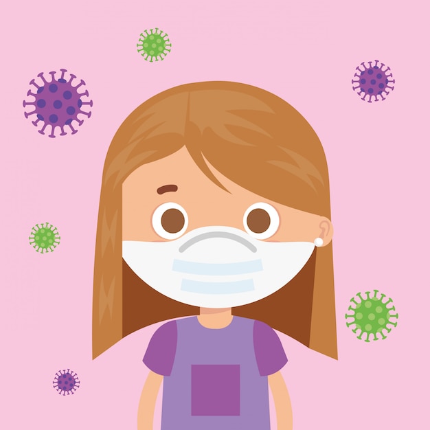 Free vector cute girl using face mask with particles covid 19 illustration design