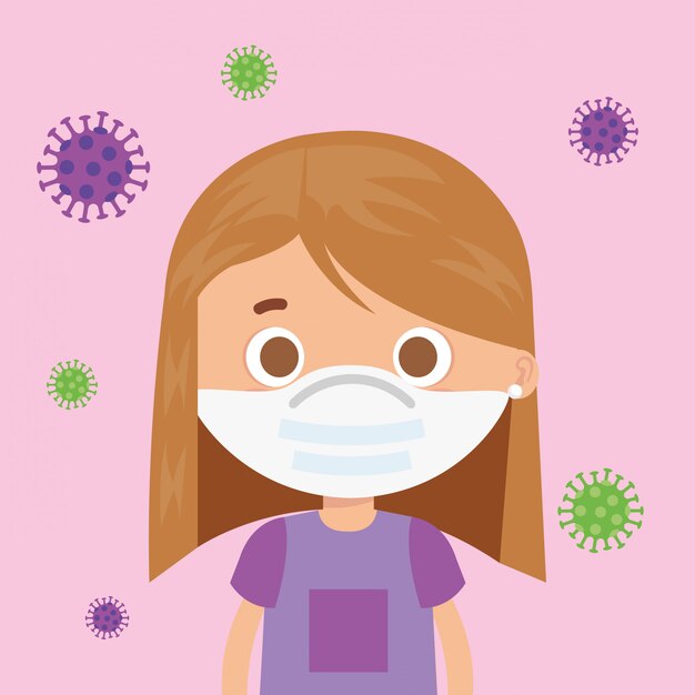 cute girl using face mask with particles covid 19 illustration design