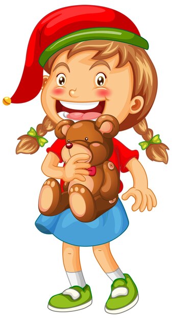 Cute girl wearing Christmas hat and holding teddy bear on white