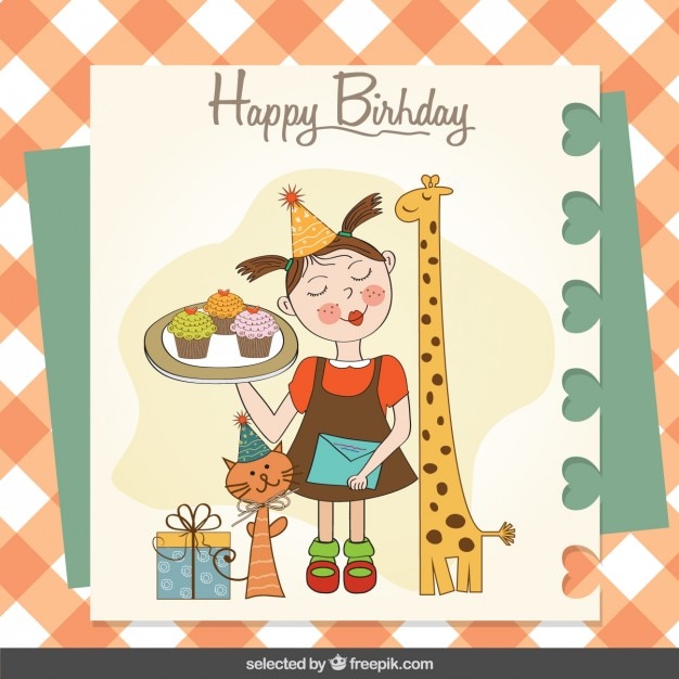 Cute girl with animals birthday card