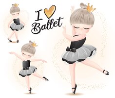Cute girl with ballerina watercolor illustration set