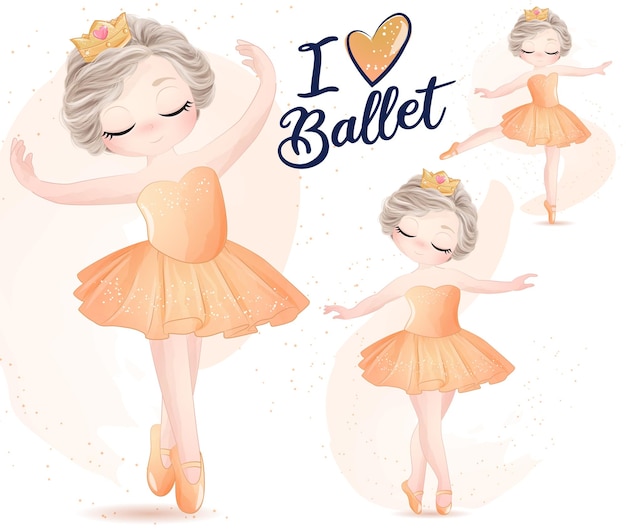 Cute girl with ballerina watercolor illustration set