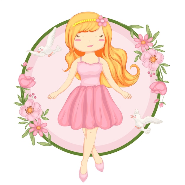 Free vector cute girl with bird and flower illustration vector