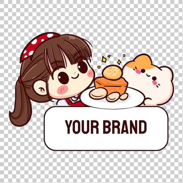 Cute girl with cat and honey toast sweet food logo banner cartoon drawing vector illustration