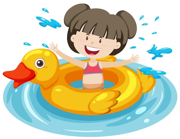 Free vector cute girl with duck swimming ring in the water isolated