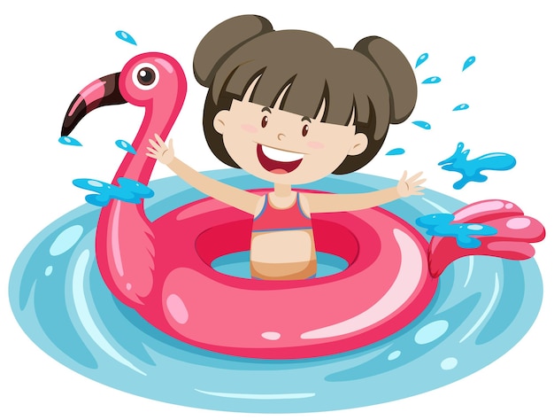 Cute girl with flamingo swimming ring in the water isolated