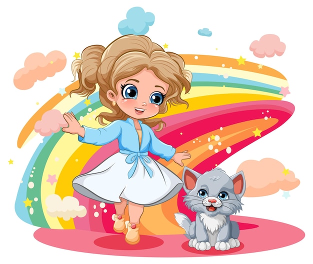 Free vector cute girl with her kitten in cartoon style