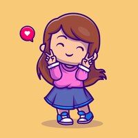 Free vector cute girl with peace sign cartoon vector icon illustration people fashion icon concept isolated premium vector. flat cartoon style