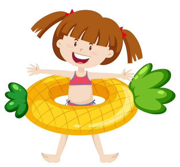 Cute girl with pineapple swimming ring isolated