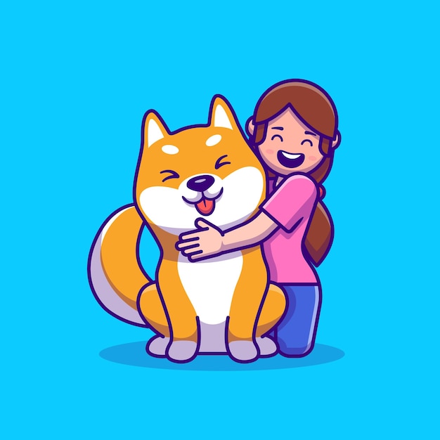 Ragazza carina con il cane shiba inu cartoon illustration