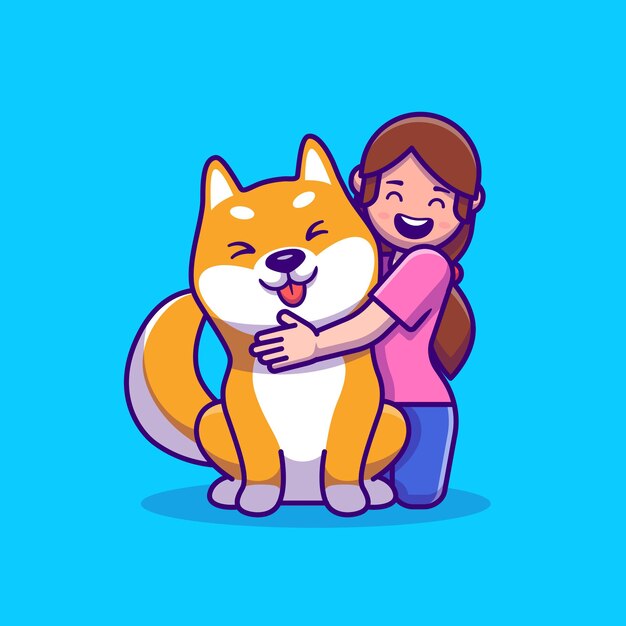 Cute Girl With Shiba Inu Dog Cartoon Illustration