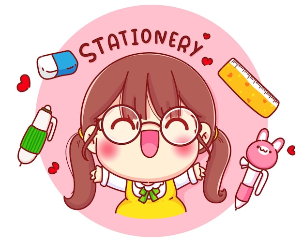 Cute girl with stationery cartoon character illustration