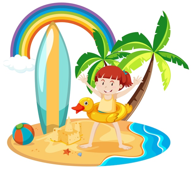 Cute girl with summer beach icons isolated