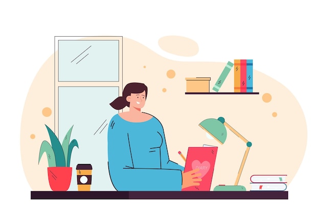 Cute girl writing in diary and sitting at desk flat illustration