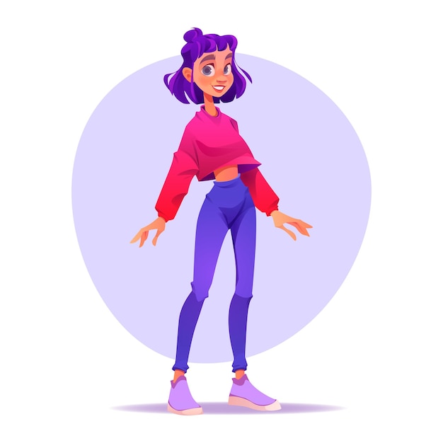 Cute girl young woman character with purple hair Happy female person teen or student in casual clothes stand isolated on white background vector cartoon illustration
