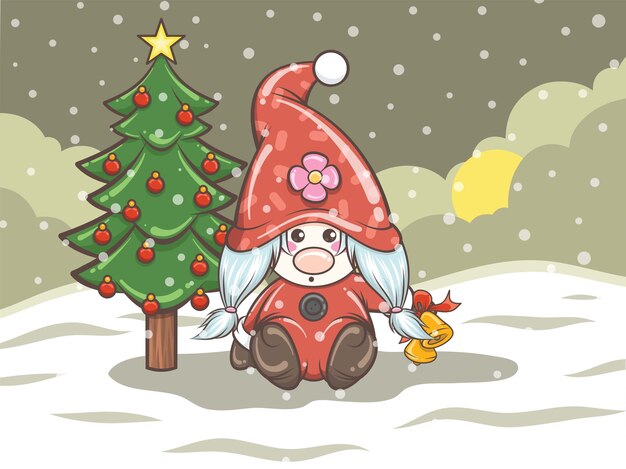 クリスマスのイラストにジングルベルを保持しているかわいいノームの女の子 プレミアムベクター
