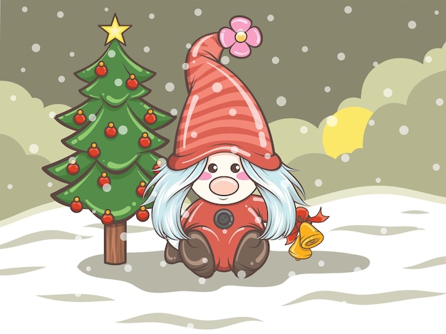 クリスマスのイラストにジングルベルを保持しているかわいいノームの女の子 プレミアムベクター