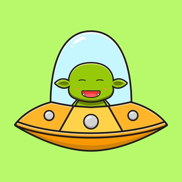 Ufo漫画アイコンイラストを運転するかわいいゴブリン 孤立したフラット漫画スタイルをデザインする プレミアムベクター