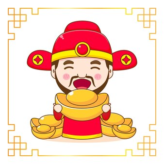 Cute god of wealth holding gold ingot cartoon character with chinese ornament frame