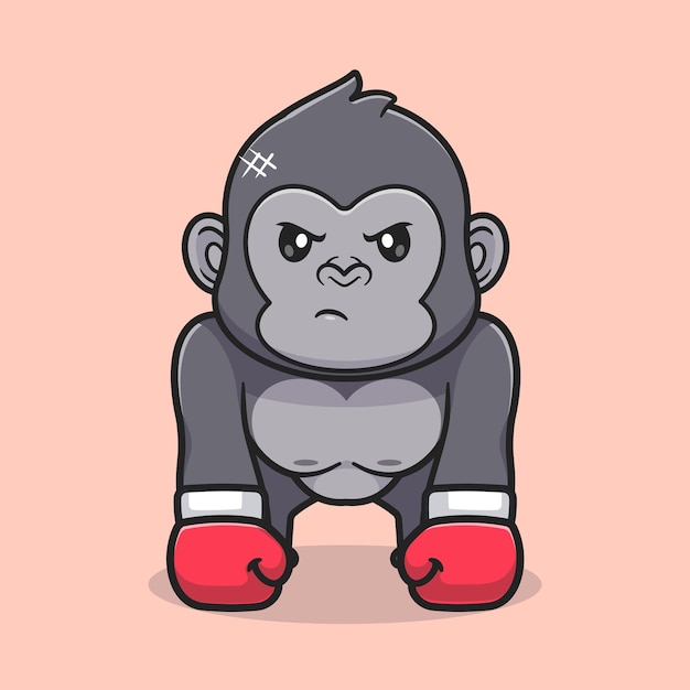 免费矢量可爱的大猩猩拳击卡通图标说明。动物运动图标孤立平面概念