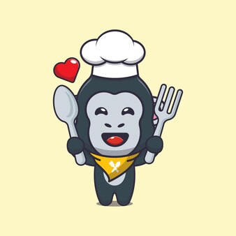 숟가락과 포크를 들고 귀여운 고릴라 요리사 마스코트 만화 캐릭터