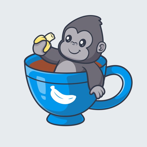 Cute gorilla holding banana in coffee cartoon vector icon illustration animal drink isolated flat