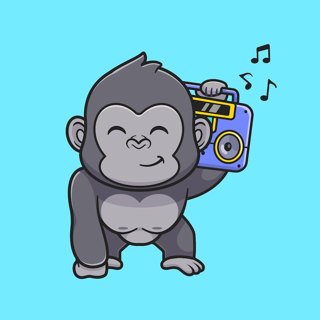 Cute gorilla listening music with boombox cartoon vector icon illustration. animal music isolated