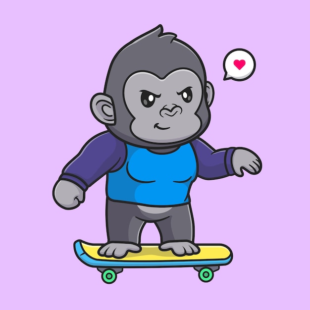 Vettore gratuito gorilla sveglio che gioca l'illustrazione dell'icona di vettore del fumetto dello skateboard. concetto dell'icona di sport animale isolato