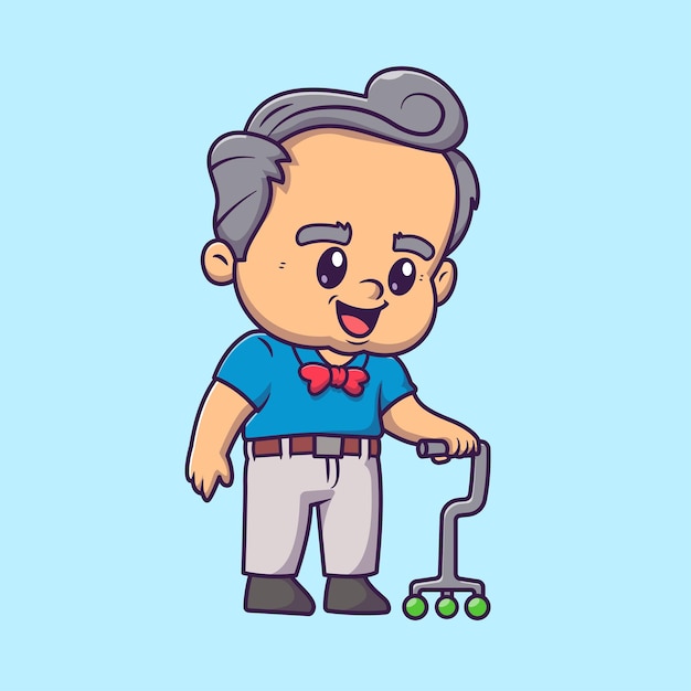 無料ベクター 杖で歩くかわいいおじいさん漫画ベクトル アイコン イラスト人々 の健康アイコンが分離されました