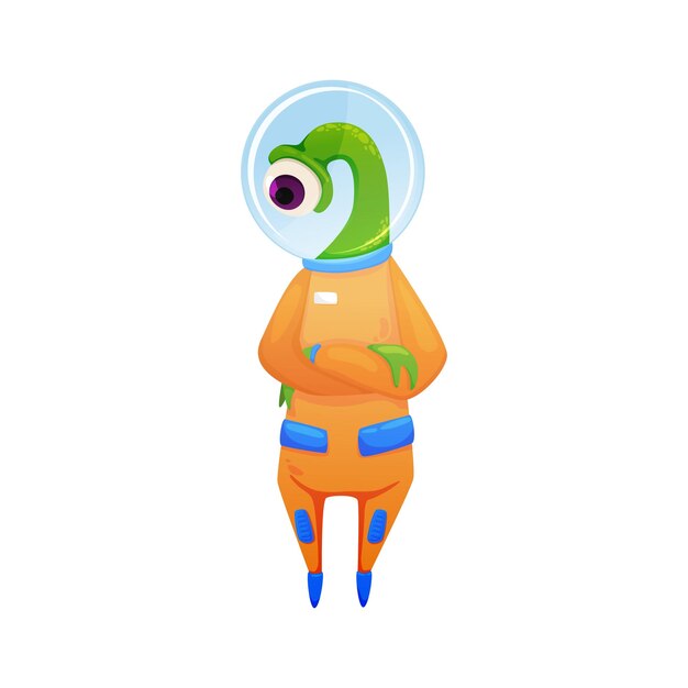 オレンジ色の宇宙服の漫画を身に着けている片目でかわいい緑のエイリアン