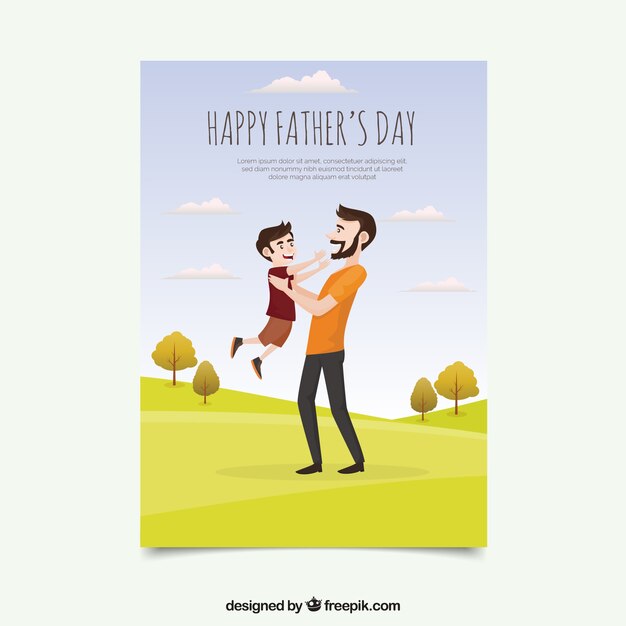 Cute greeting card of father playing with his son outdoors