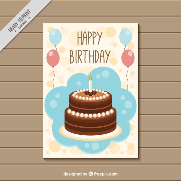 Cute greeting card with birthday cake and balloons