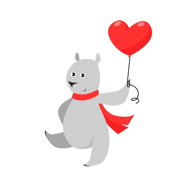 Cute grey bear in red scarf carrying heart shaped air balloon