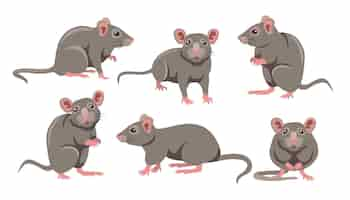 Free vector cute grey mouse in different poses cartoon illustration set. little house mice or rat character with long tail isolated on white background. animal, rodent concept