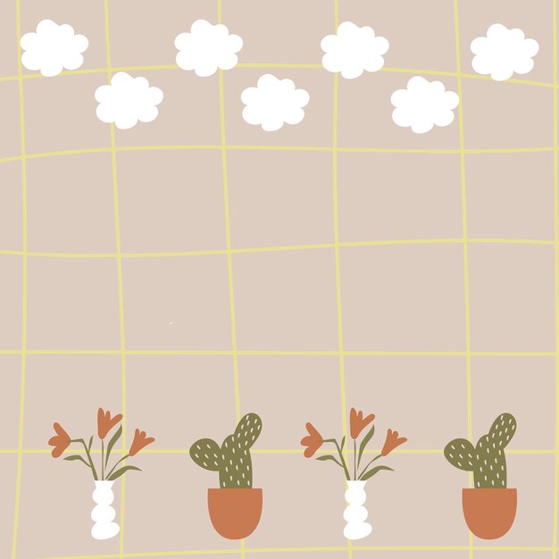 Free vector cute grid frame background, plant doodle in earth tone design vector