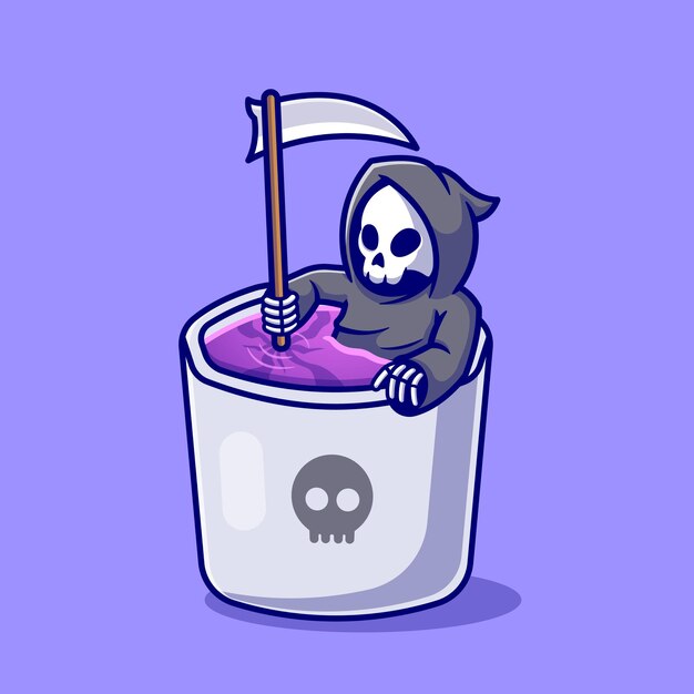 Cute Grim Reaper In Mug Cartoon Illustration.