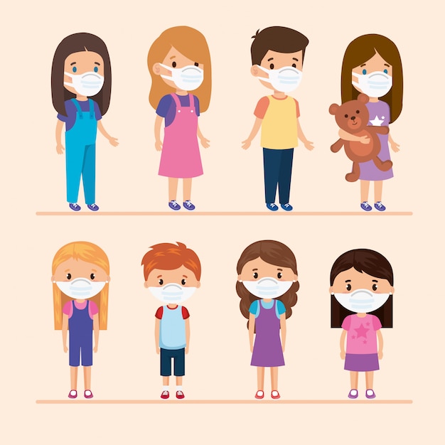 cute group children using face mask illustration design